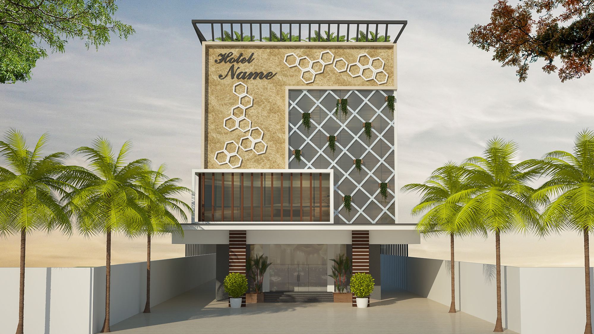Hotel Exterior Design Concept — Dehradun hotel facade with Italian stone, honeycomb feature wall, glass lattice and palm-lined entrance