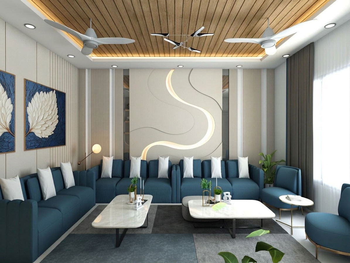Contemporary Lounge Interior — Dehradun living room with blue sectional seating, wood ceiling, cove lighting and marble tables