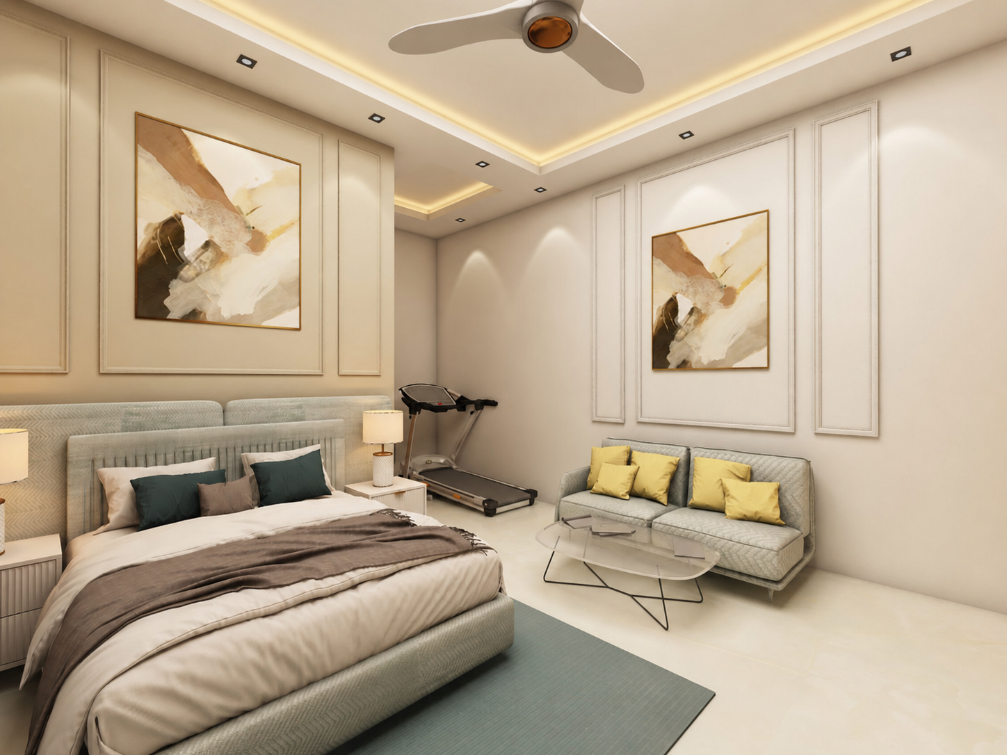 Bedroom Lounge Interior — Dehradun bedroom with soft beige wall panels, cove lighting, lounge seating and treadmill zone