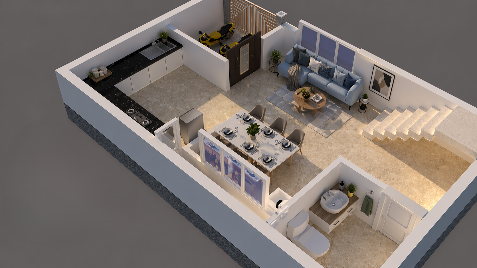 Compact 600 sq ft isometric home plan showing kitchen, dining, lounge, washroom, staircase and entry parking pocket