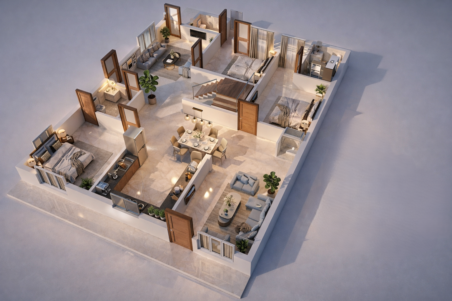 1300 sq ft family isometric home plan showing bedrooms, lounge, dining, kitchen, washrooms and central stair core