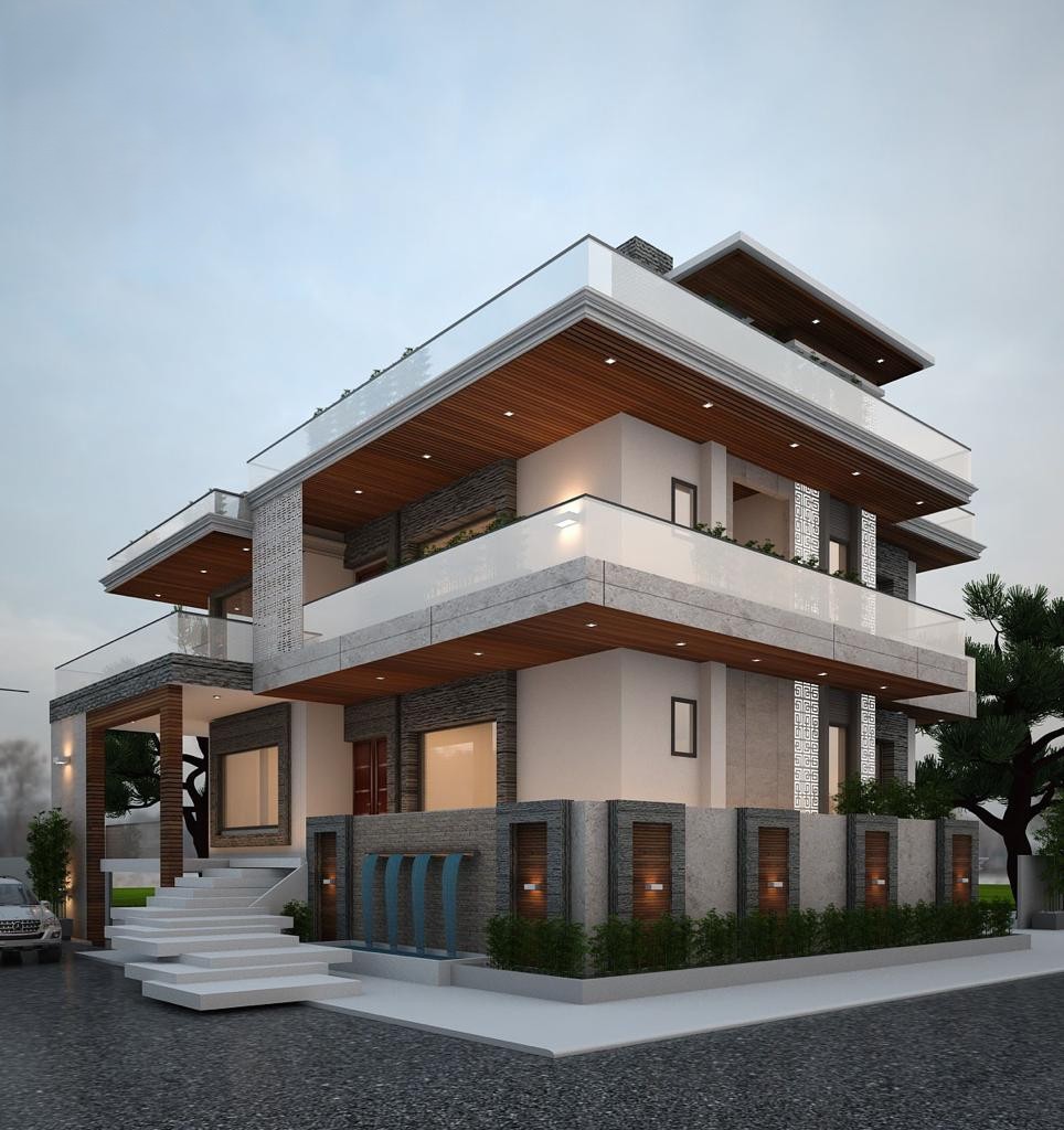 Corner view of The Courtyard Terrace House showing cantilevered terraces, stone walls and timber soffits