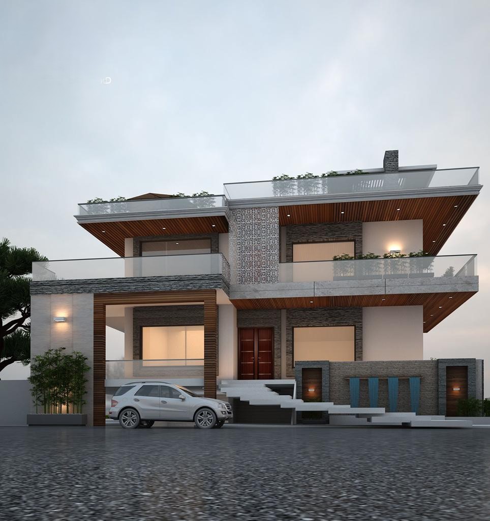 The Courtyard Terrace House — A contemporary residential home in Dehradun with stone cladding, timber soffits, glass railings and planted terraces