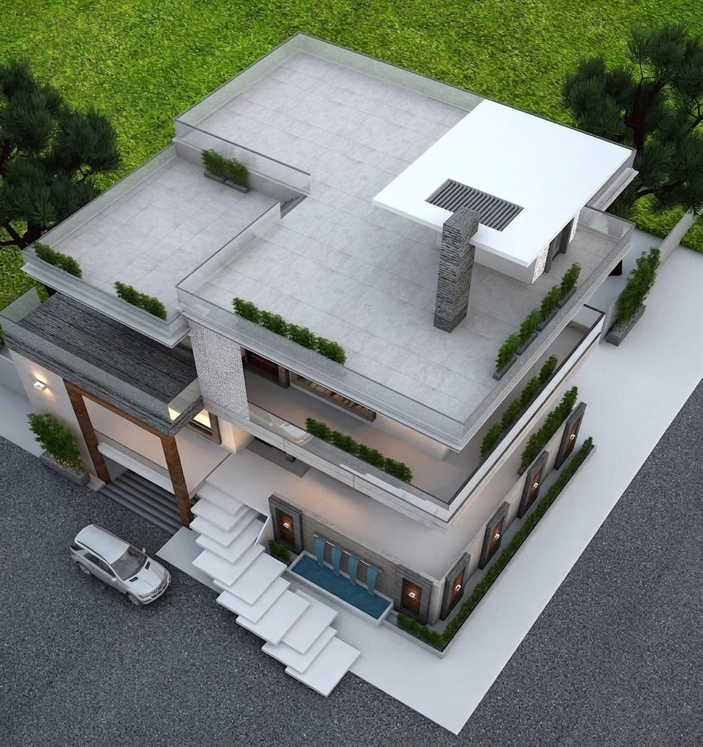 Aerial view of The Courtyard Terrace House showing roof terrace, planted parapets and stair access