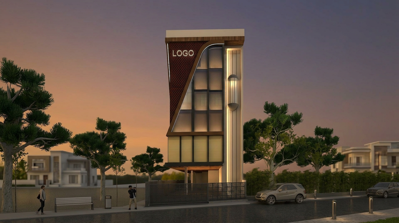 The Brick Matrix IT Office — A Dehradun IT company office with red brick lattice facade, curved frame and glass curtain wall