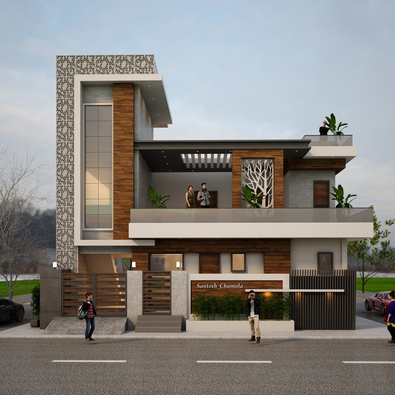 The Jaali Terrace House — Dehradun residence with patterned jaali tower, timber cladding, glass balconies and terrace planters