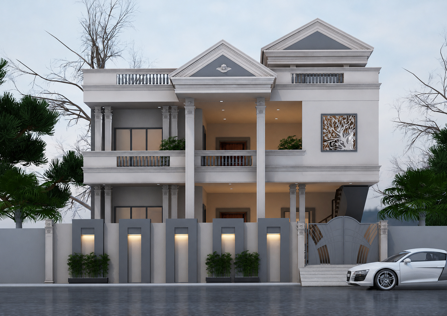Neoclassical Residence Bareilly — white residential facade with columns, triangular pediments, balustrades and decorative wall panel