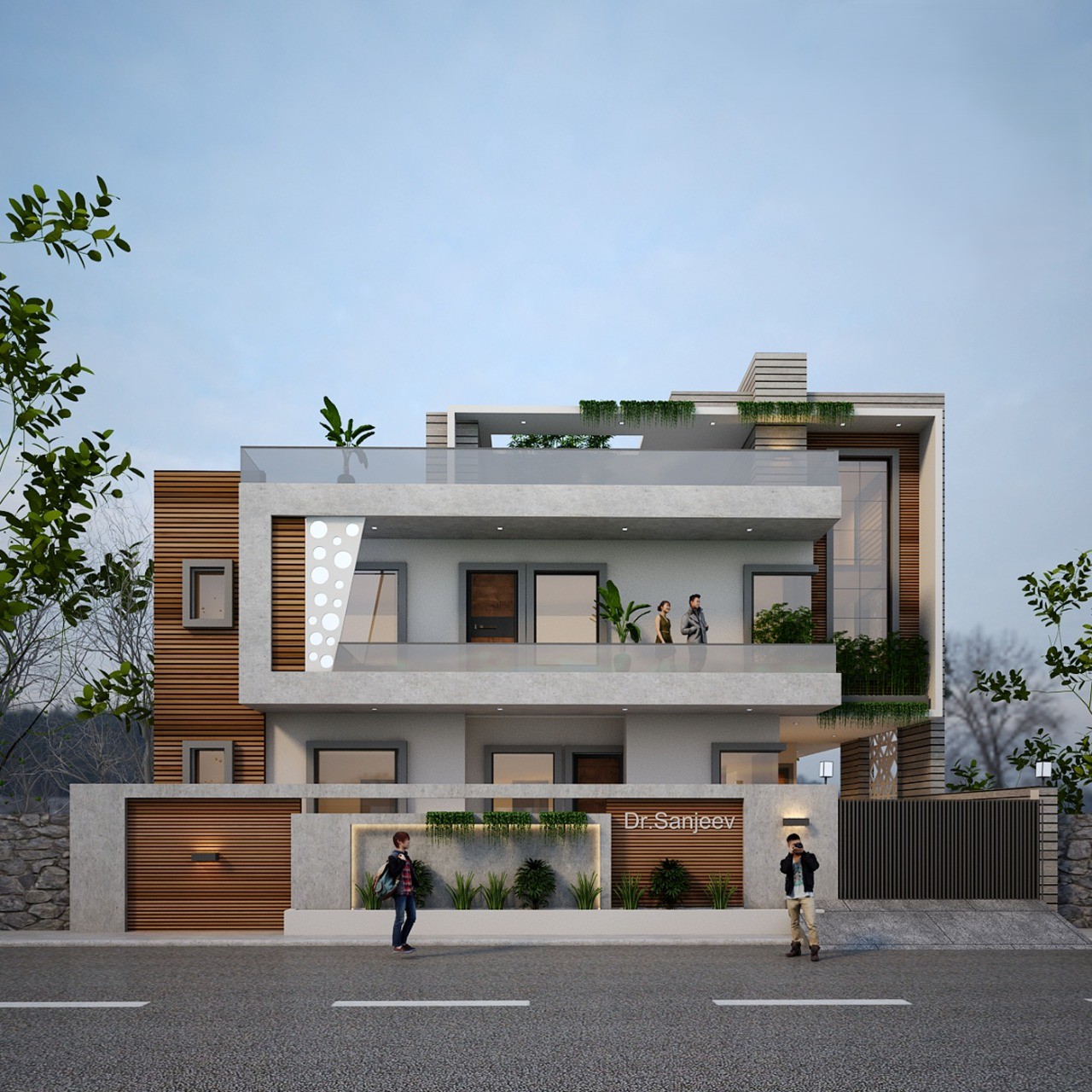 The Linear Terrace Residence — Pathankot residence with concrete frames, timber bands, glass balconies and planted roof terrace