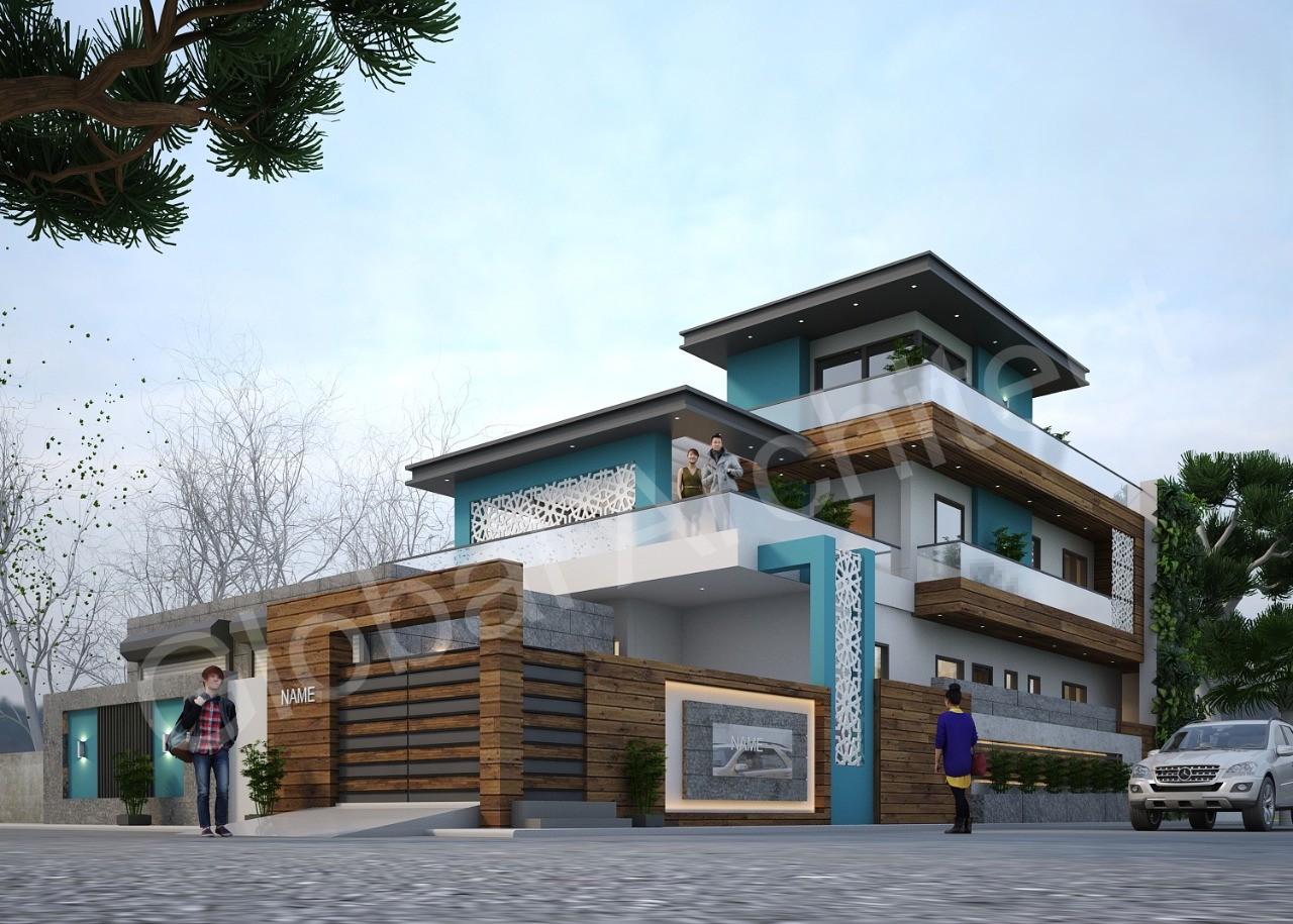 The Verdant Jaali Residence — Dehradun residence with teal volumes, timber bands, white jaali screens, stone boundary and vertical green wall