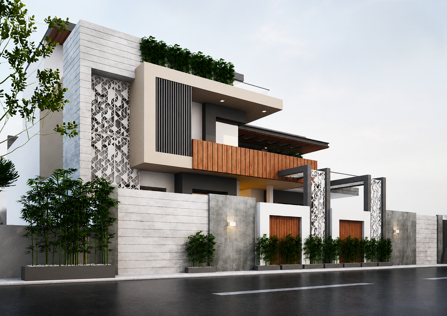 The Stone Veil Residence — Najibabad home with pale stone facade, timber balcony, black fins, white screens and planted terrace